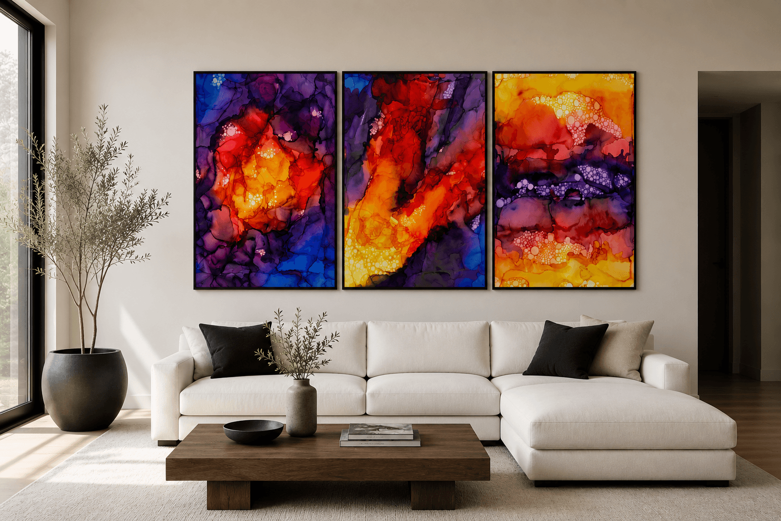 The Underburn triptych displayed together in a room